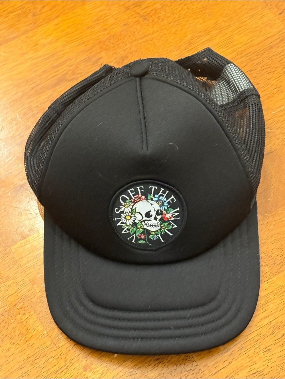 Vans Black Trucker Hat with Skull Floral Patch